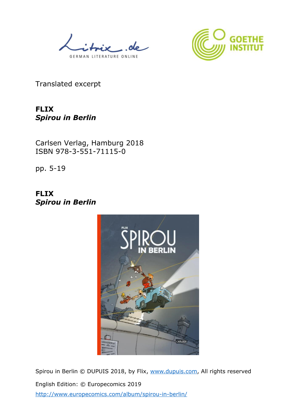 Translated Excerpt FLIX Spirou in Berlin Carlsen Verlag, Hamburg