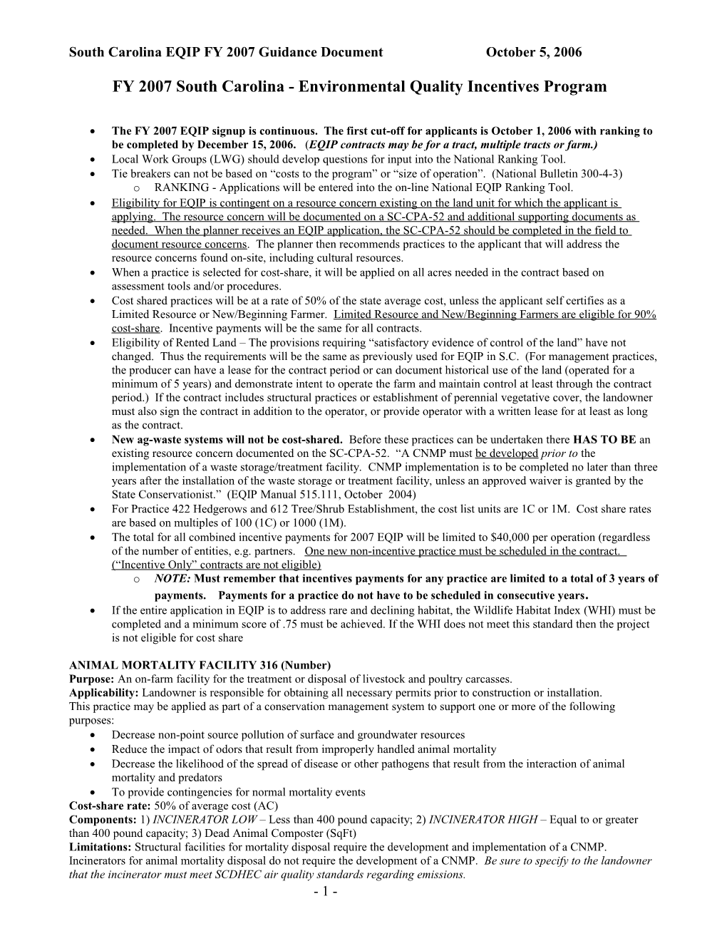 South Carolina EQIP FY 2007 Guidance Document October 5, 2006