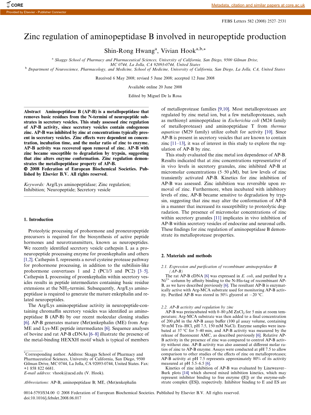 Zinc Regulation of Aminopeptidase B Involved in Neuropeptide Production