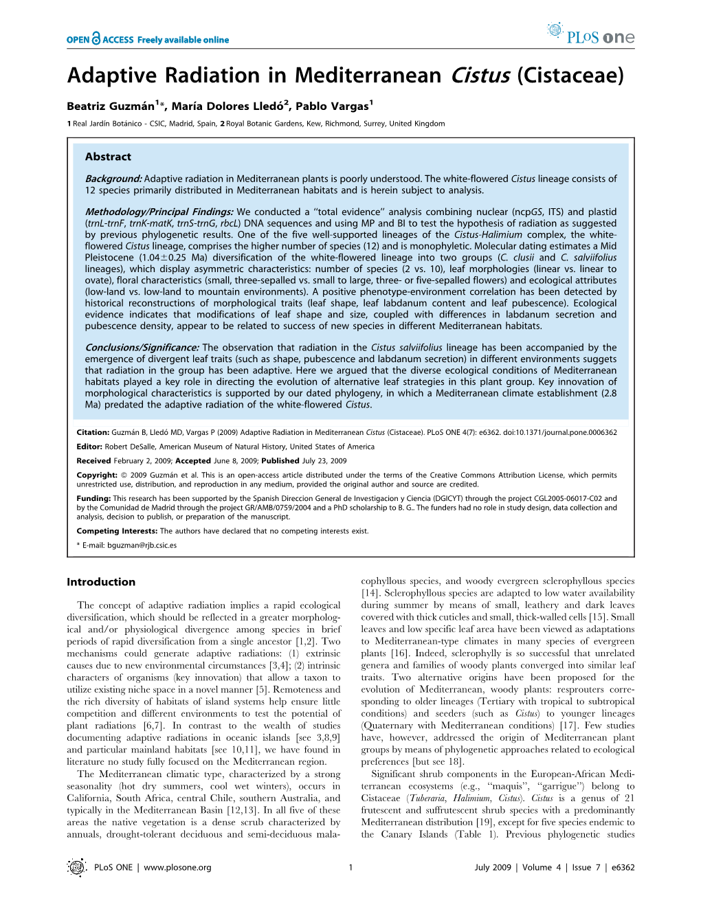 Adaptive Radiation in Mediterranean Cistus (Cistaceae)