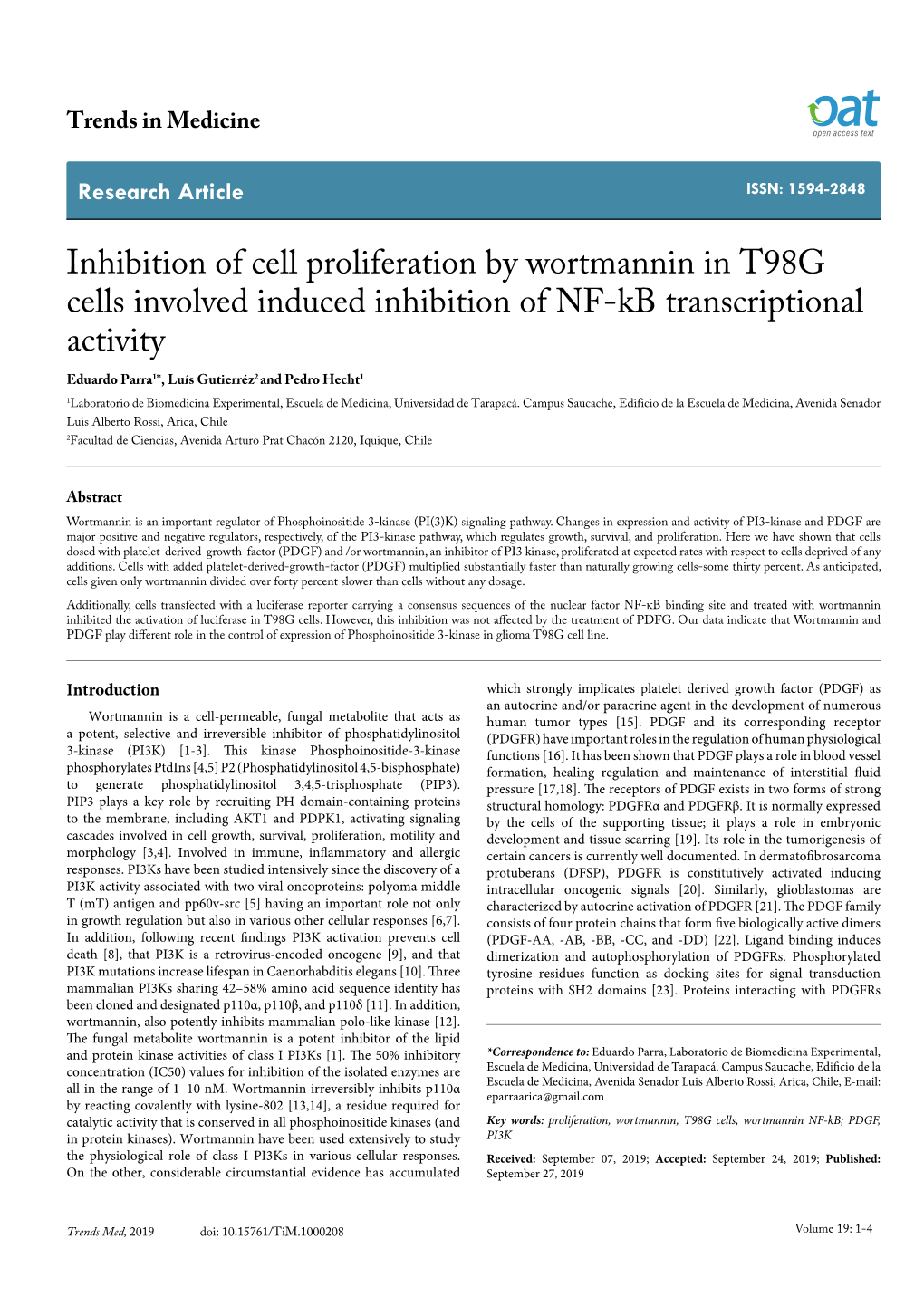 Inhibition of Cell Proliferation by Wortmannin in T98G Cells Involved