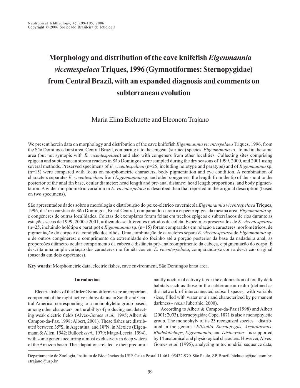 Morphology and Distribution of the Cave Knifefish Eigenmannia