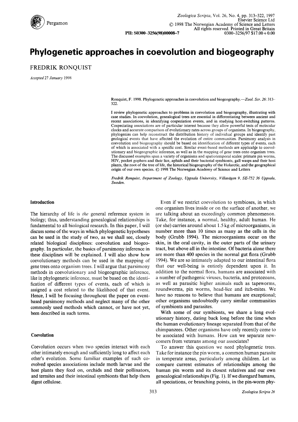 Phylogenetic Approaches in Coevolution and Biogeography