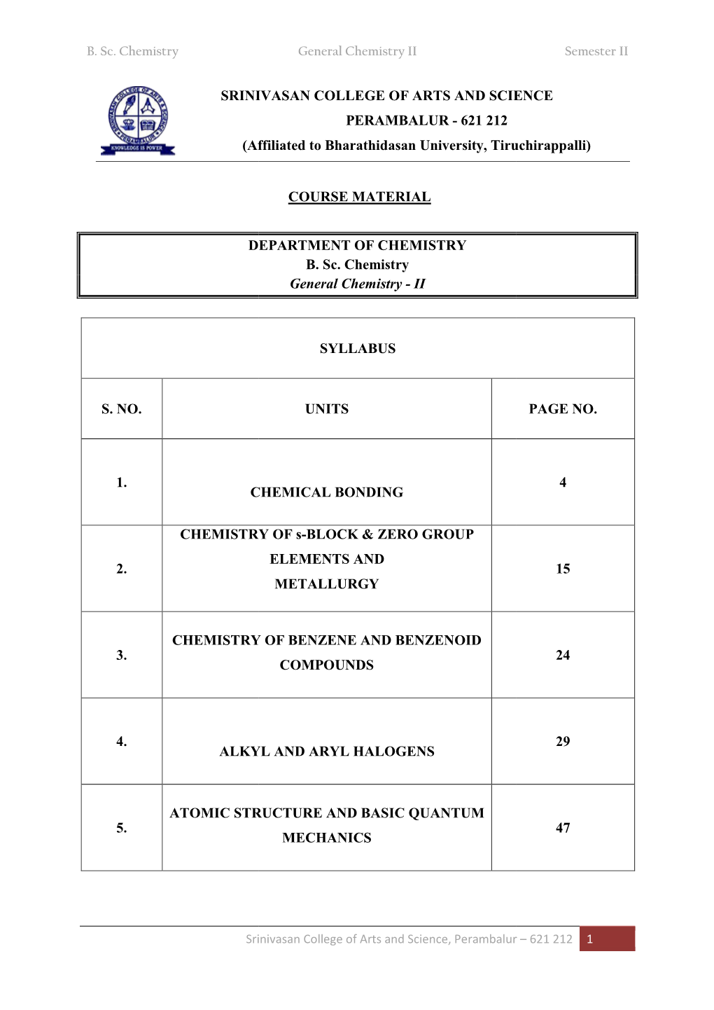 SRINIVASAN COLLEGE of ARTS and SCIENCE PERAMBALUR - 621 212 (Affiliated to Bharathidasan University, Tiruchirappalli)