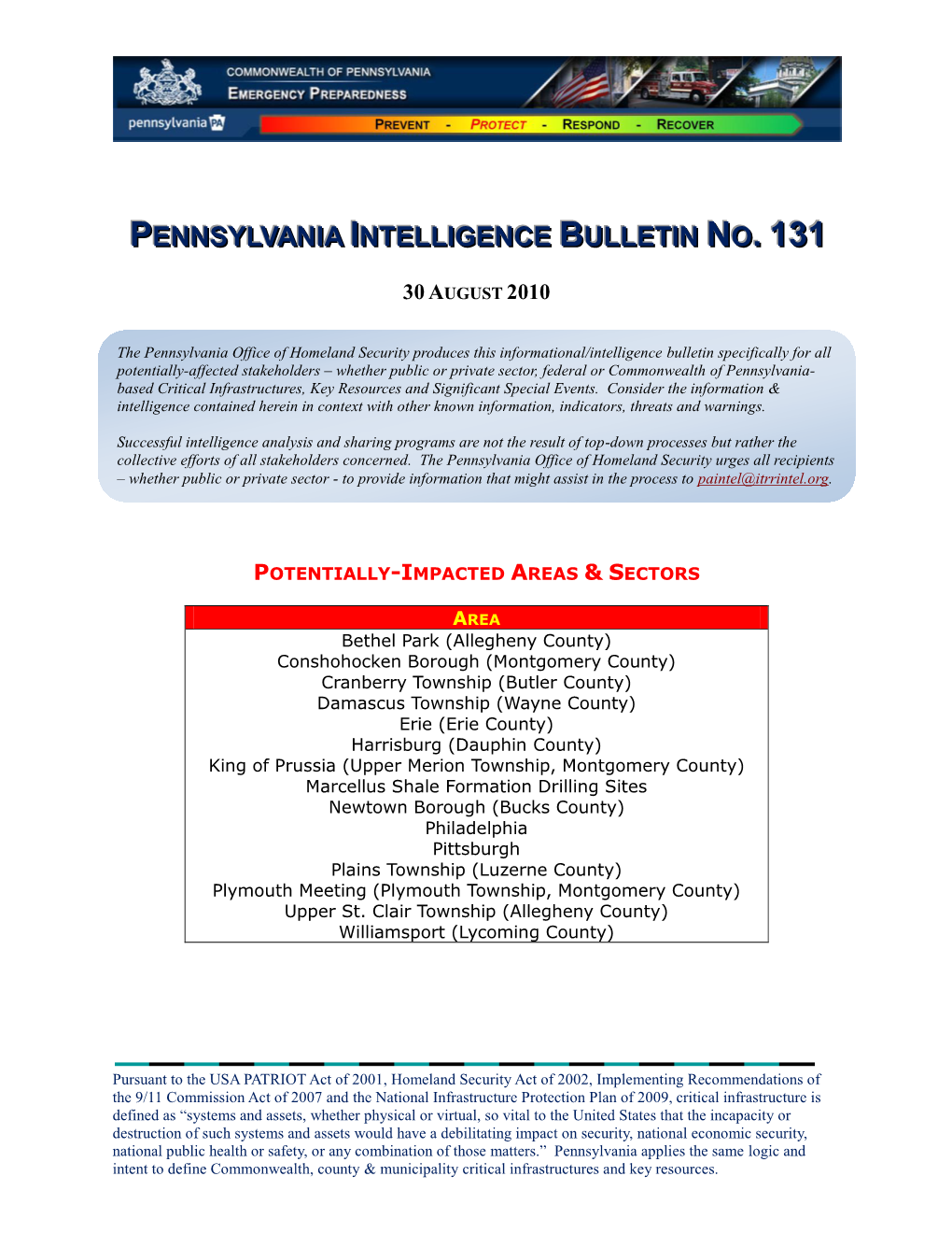 Pennsylvania Intelligence Bulletin No. 130, 27 August 2010