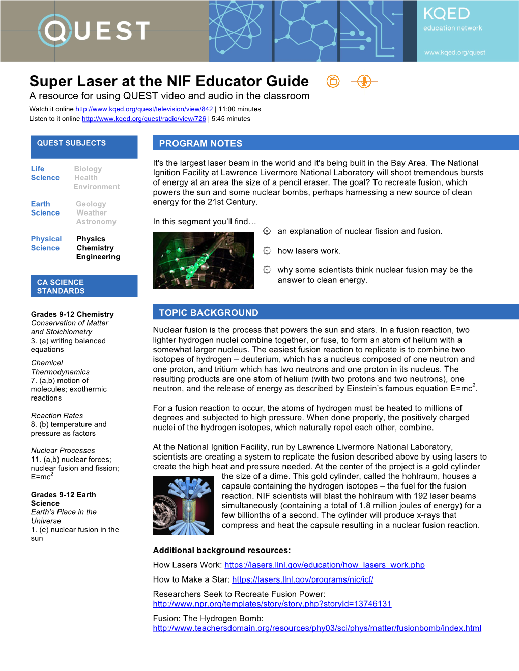 Super Laser at the NIF Educator Guide