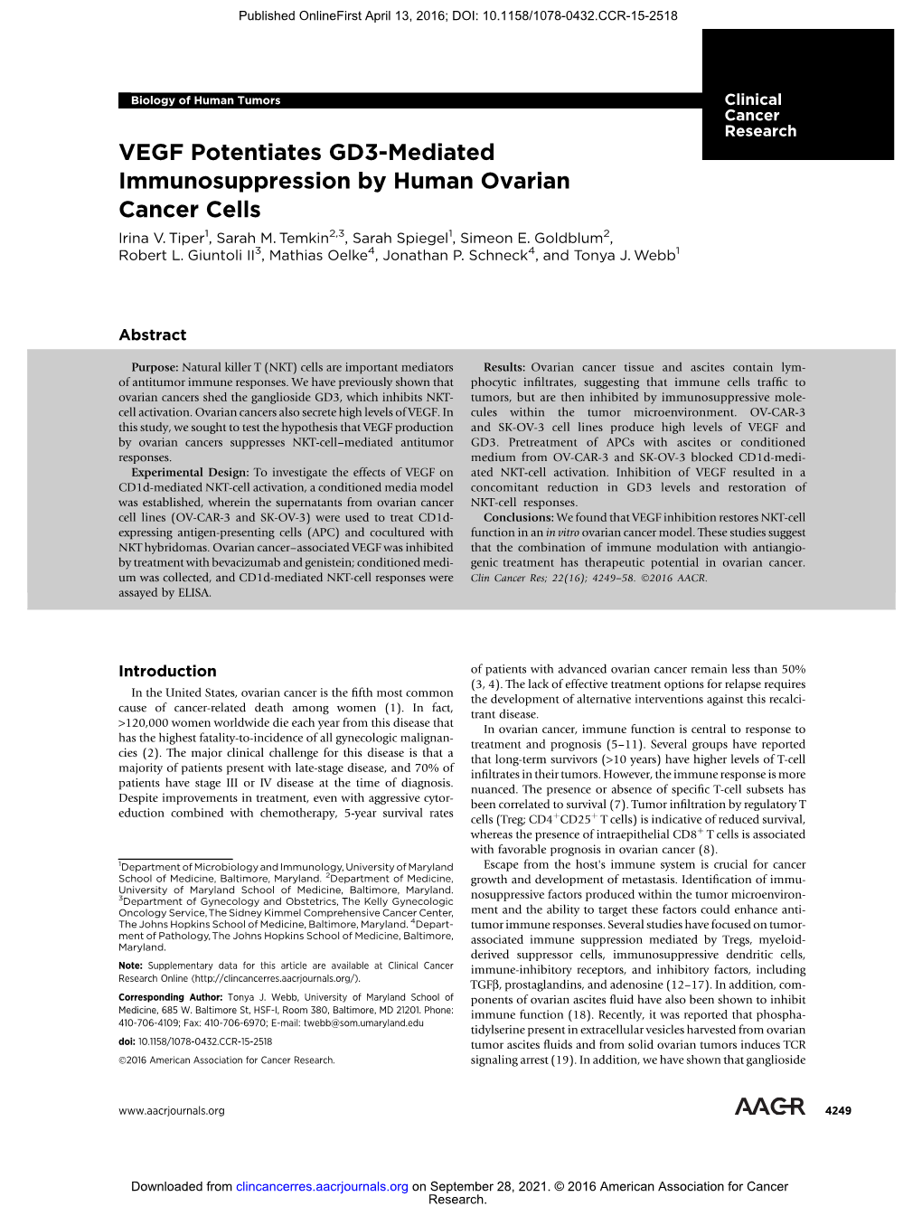 VEGF Potentiates GD3-Mediated Immunosuppression by Human Ovarian Cancer Cells Irina V