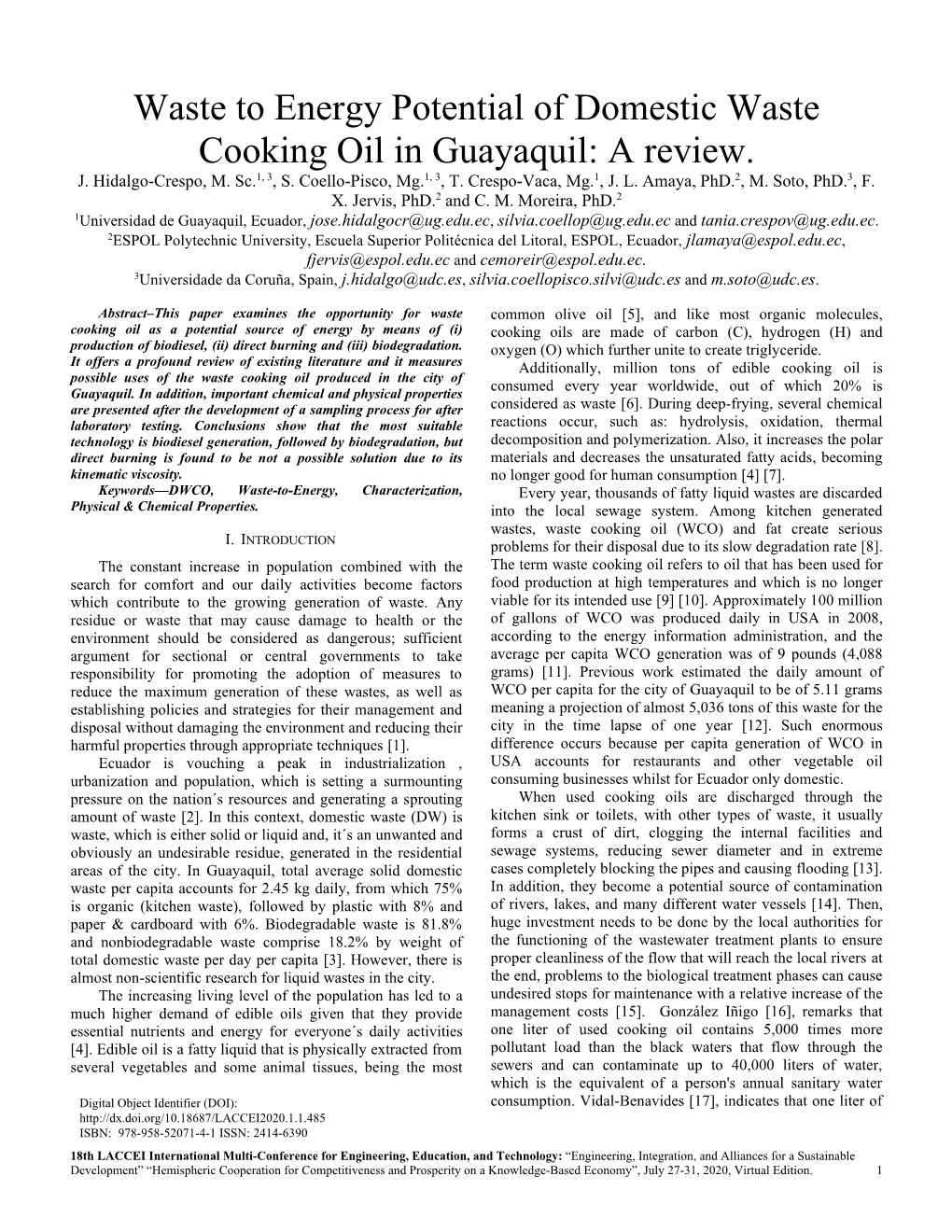 Waste to Energy Potential of Domestic Waste Cooking Oil in Guayaquil: a Review