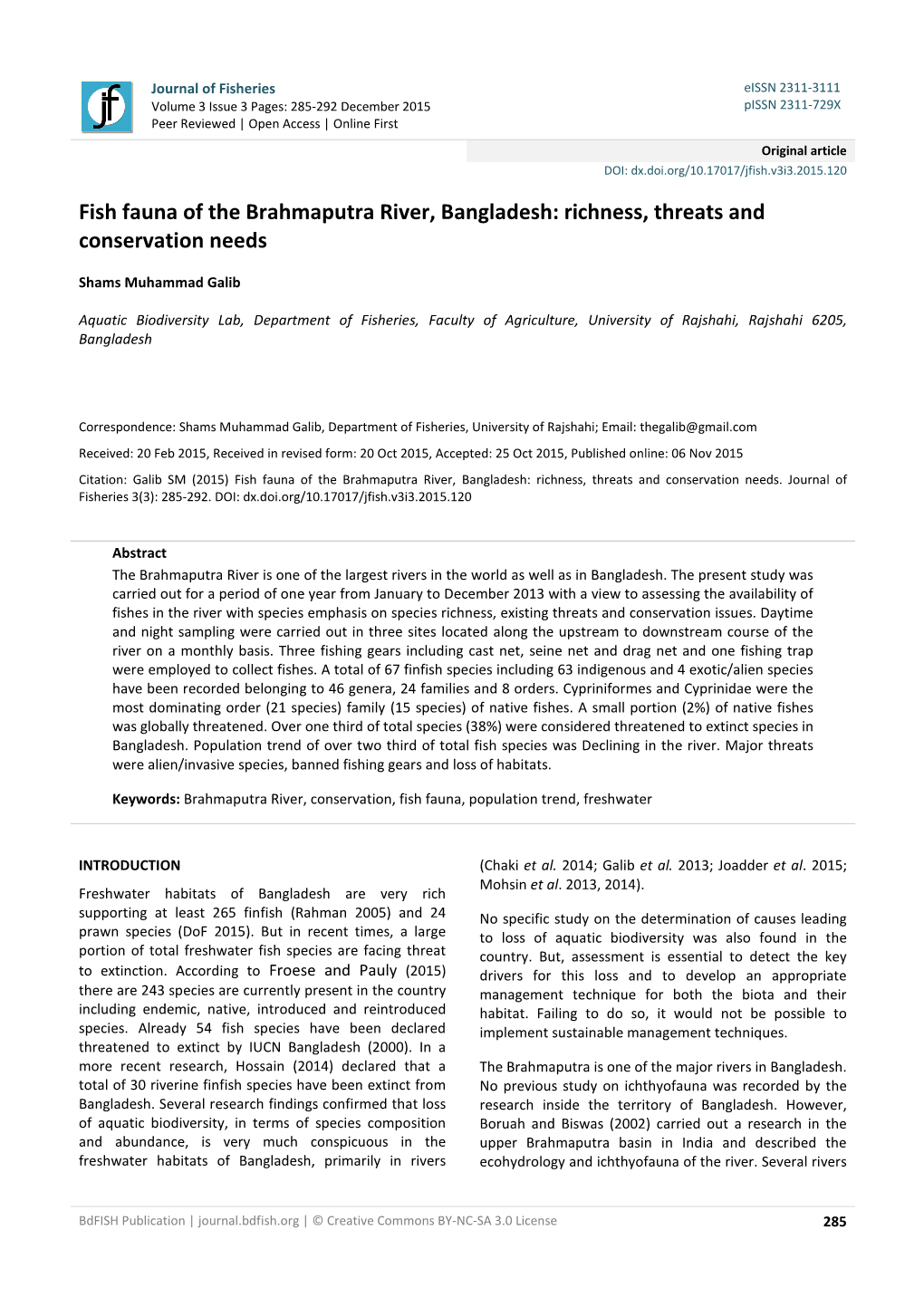 Fish Fauna of the Brahmaputra River, Bangladesh: Richness, Threats and Conservation Needs