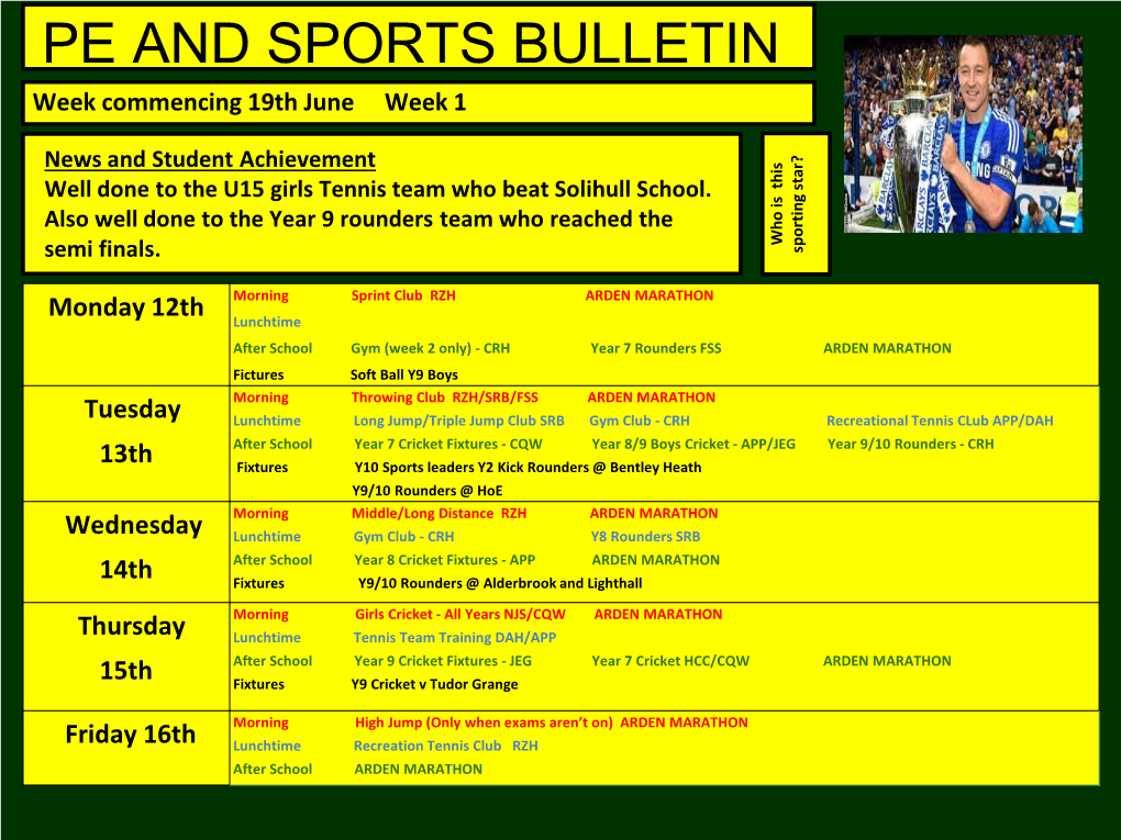 PE and SPORTS BULLETIN Week Commencing 19Th June Week 1