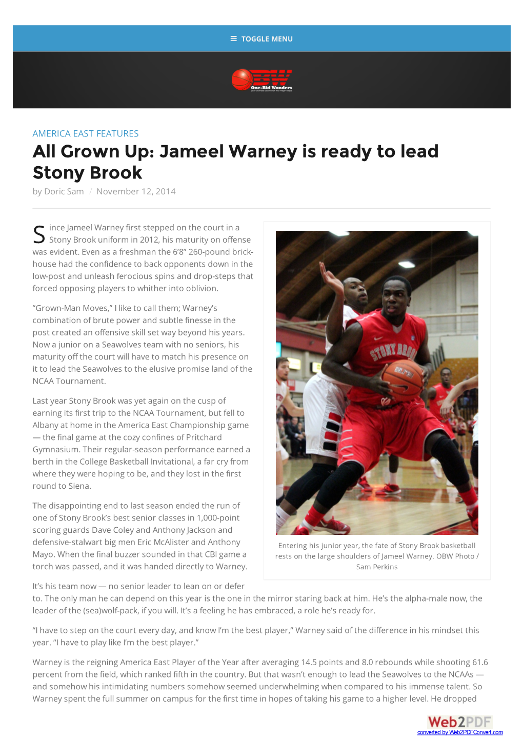 All Grown Up: Jameel Warney Is Ready to Lead Stony Brook | One-Bid