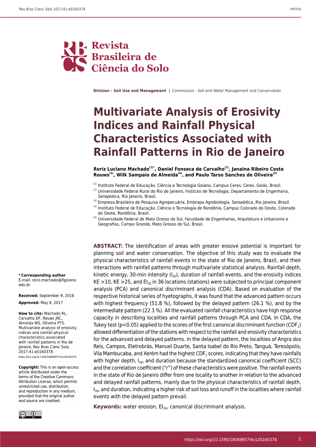 Multivariate Analysis of Erosivity Indices and Rainfall Physical Characteristics Associated with Rainfall Patterns in Rio De Janeiro