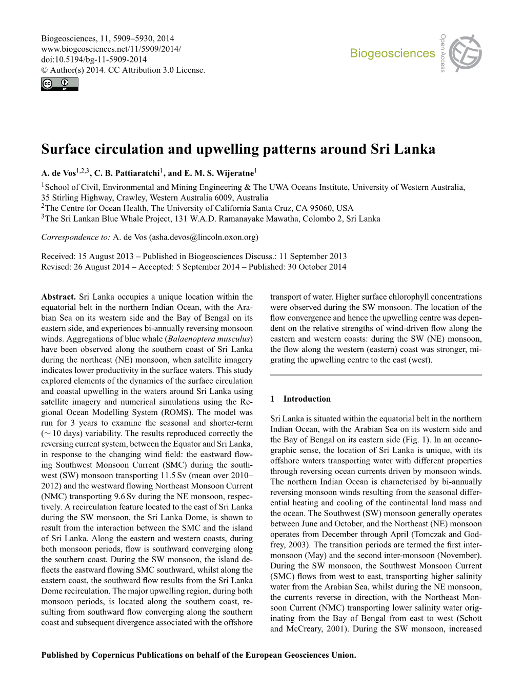 Surface Circulation and Upwelling Patterns Around Sri Lanka