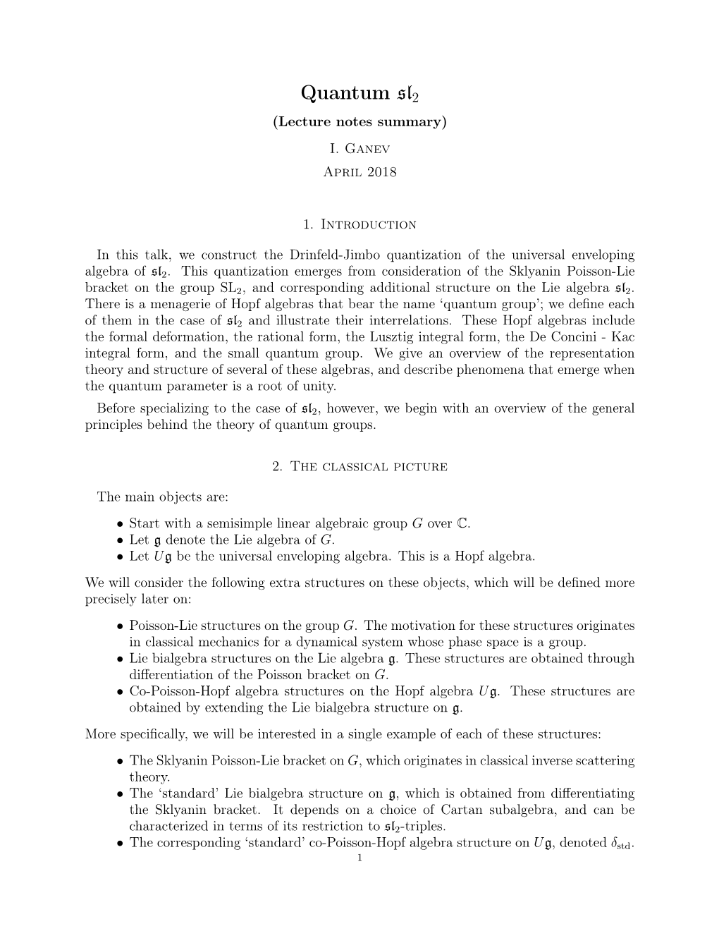 Quantum Sl2 (Lecture Notes Summary) I