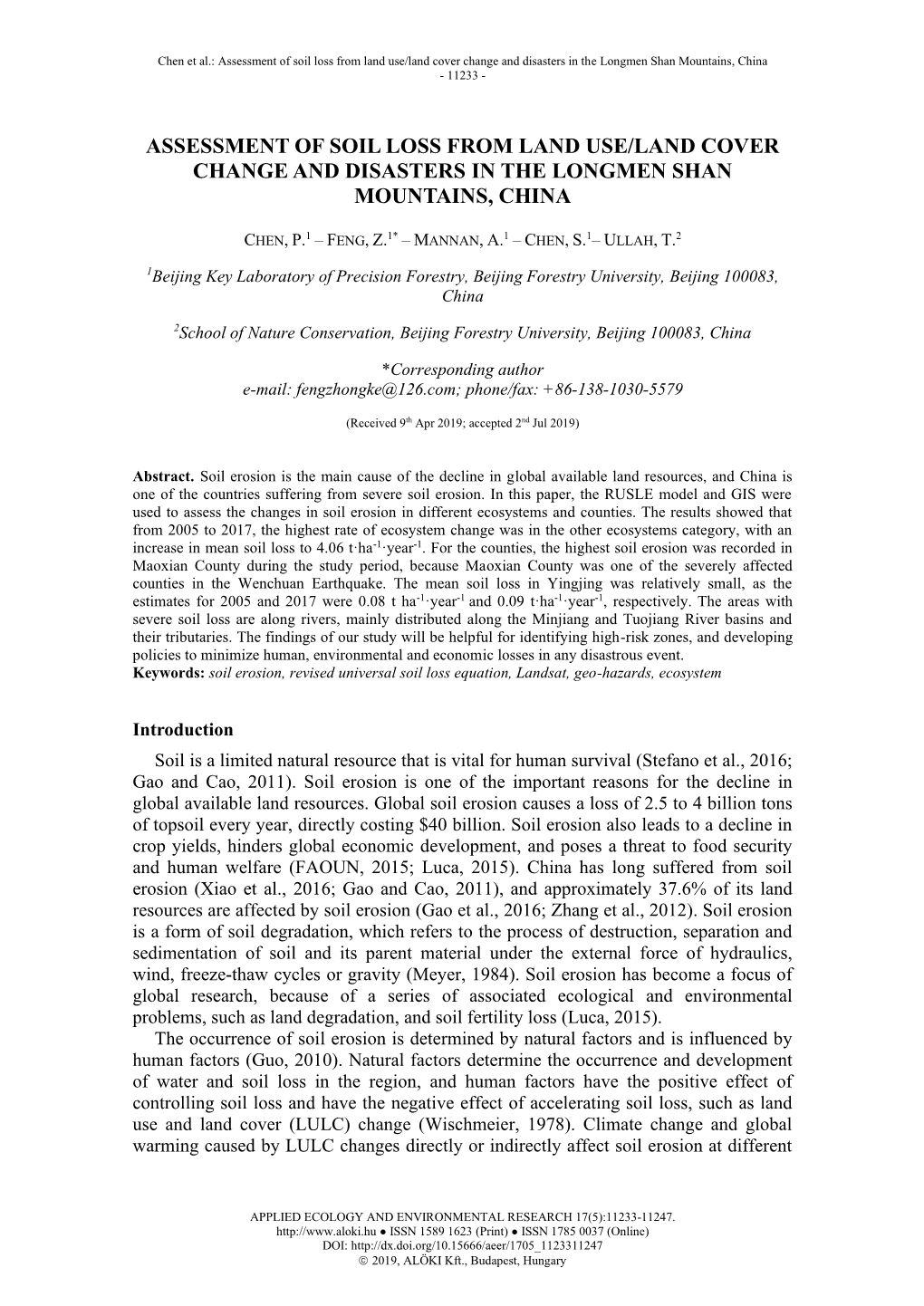 Assessment of Soil Loss from Land Use/Land Cover Change and Disasters in the Longmen Shan Mountains, China - 11233