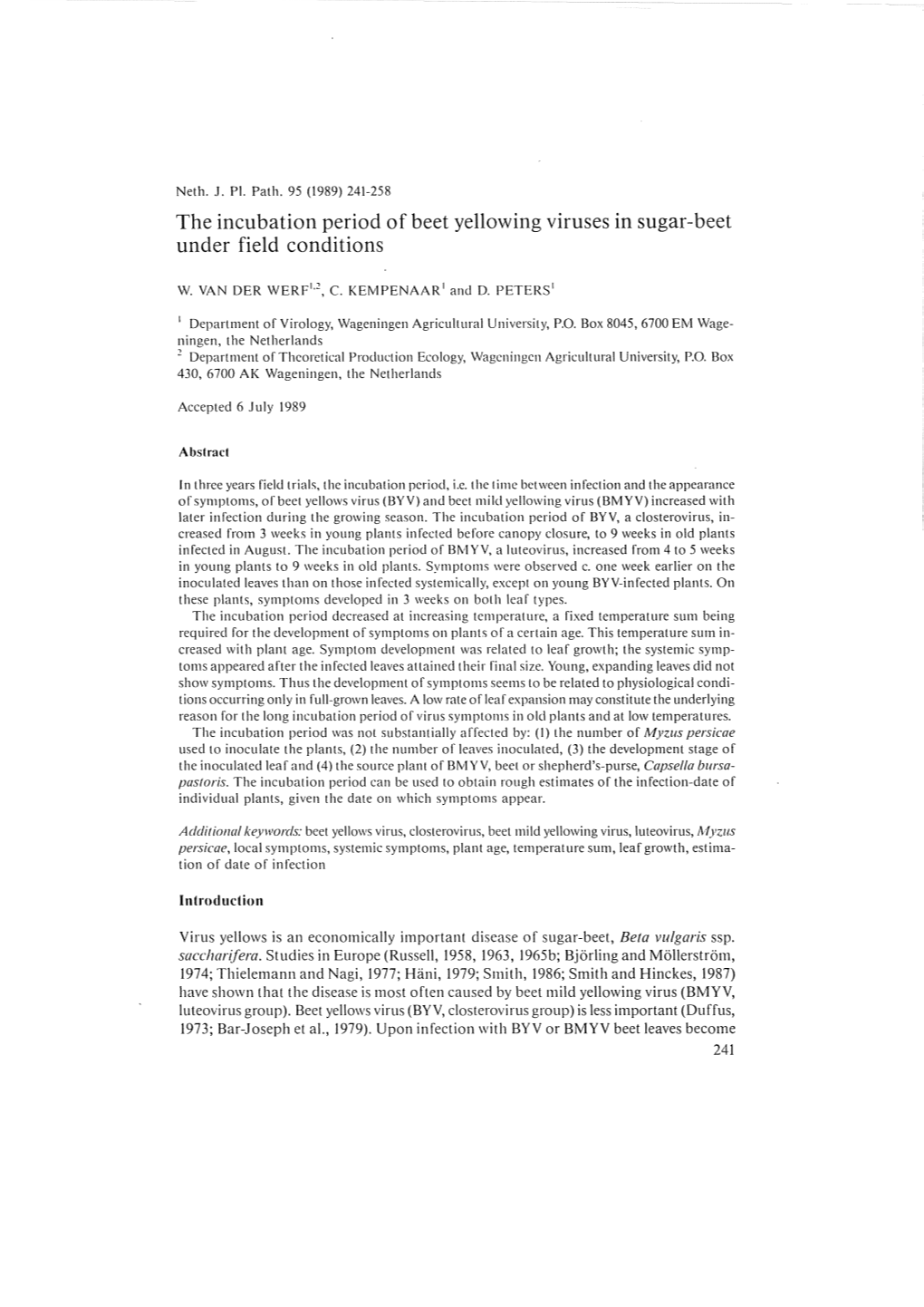 The Incubation Period of Beet Yellowing Viruses in Sugar-Beet Under Field Conditions