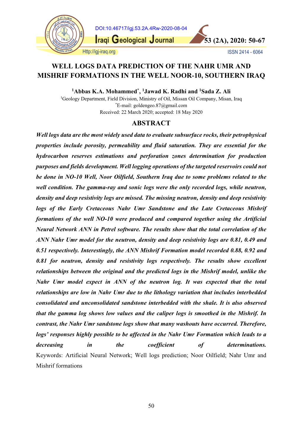 50-67 Well Logs Data Prediction of the Nahr Umr