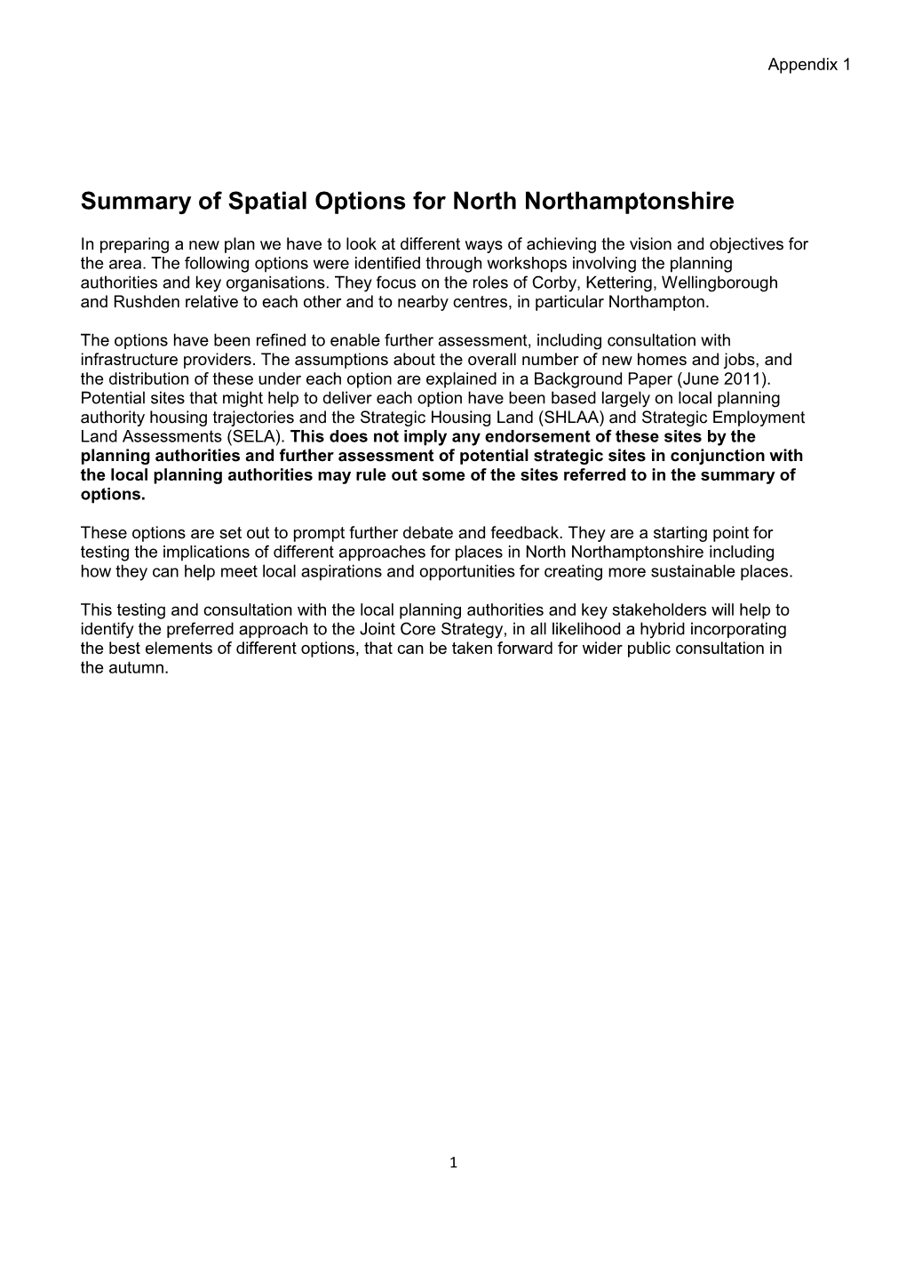 Summary of Spatial Options for North Northamptonshire