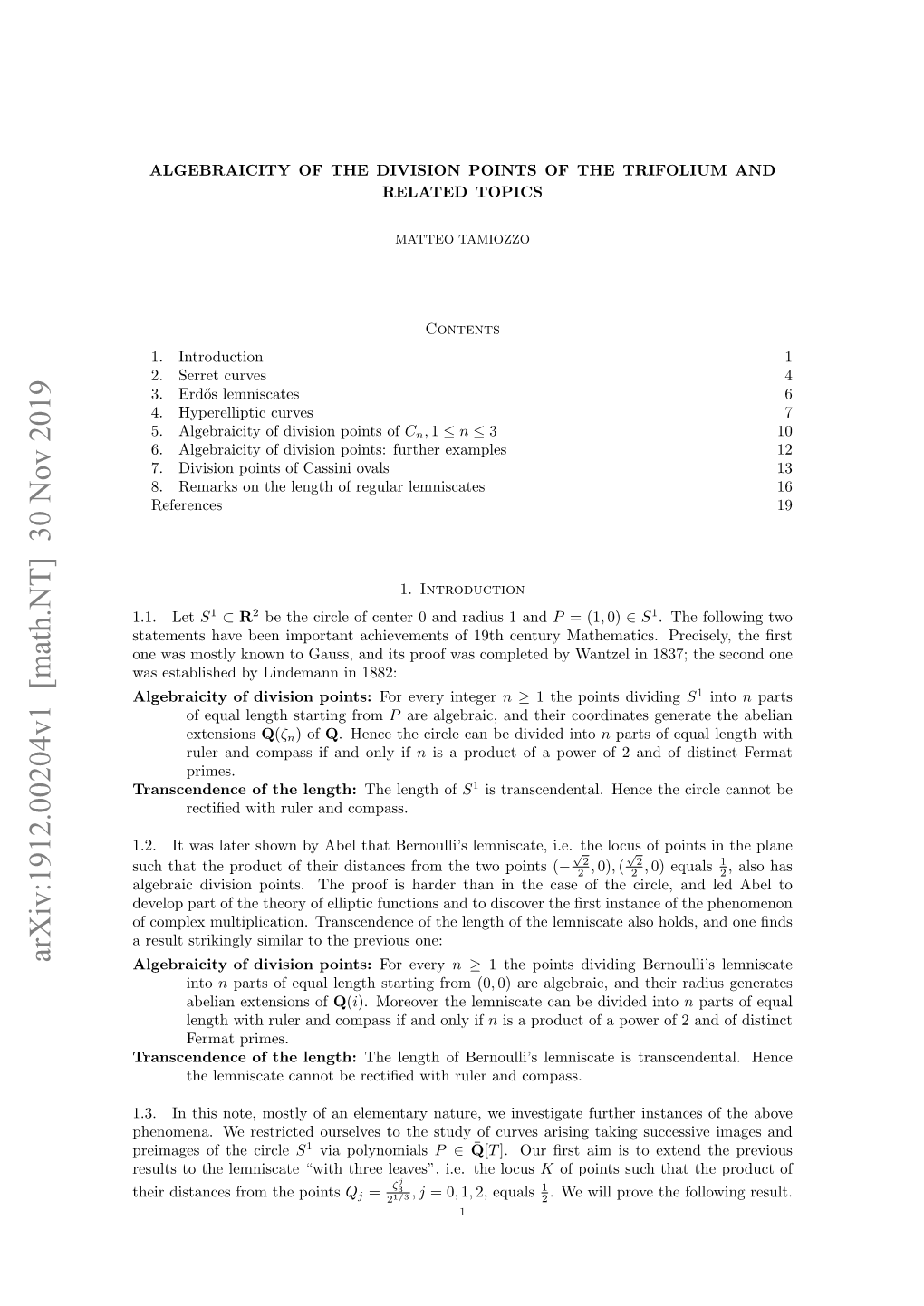 Arxiv:1912.00204V1 [Math.NT] 30 Nov 2019