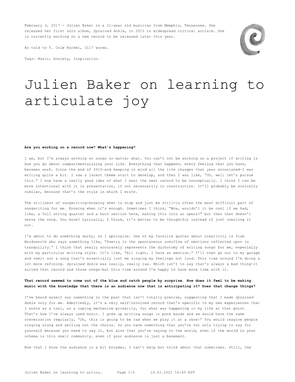 Julien Baker on Learning to Articulate Joy