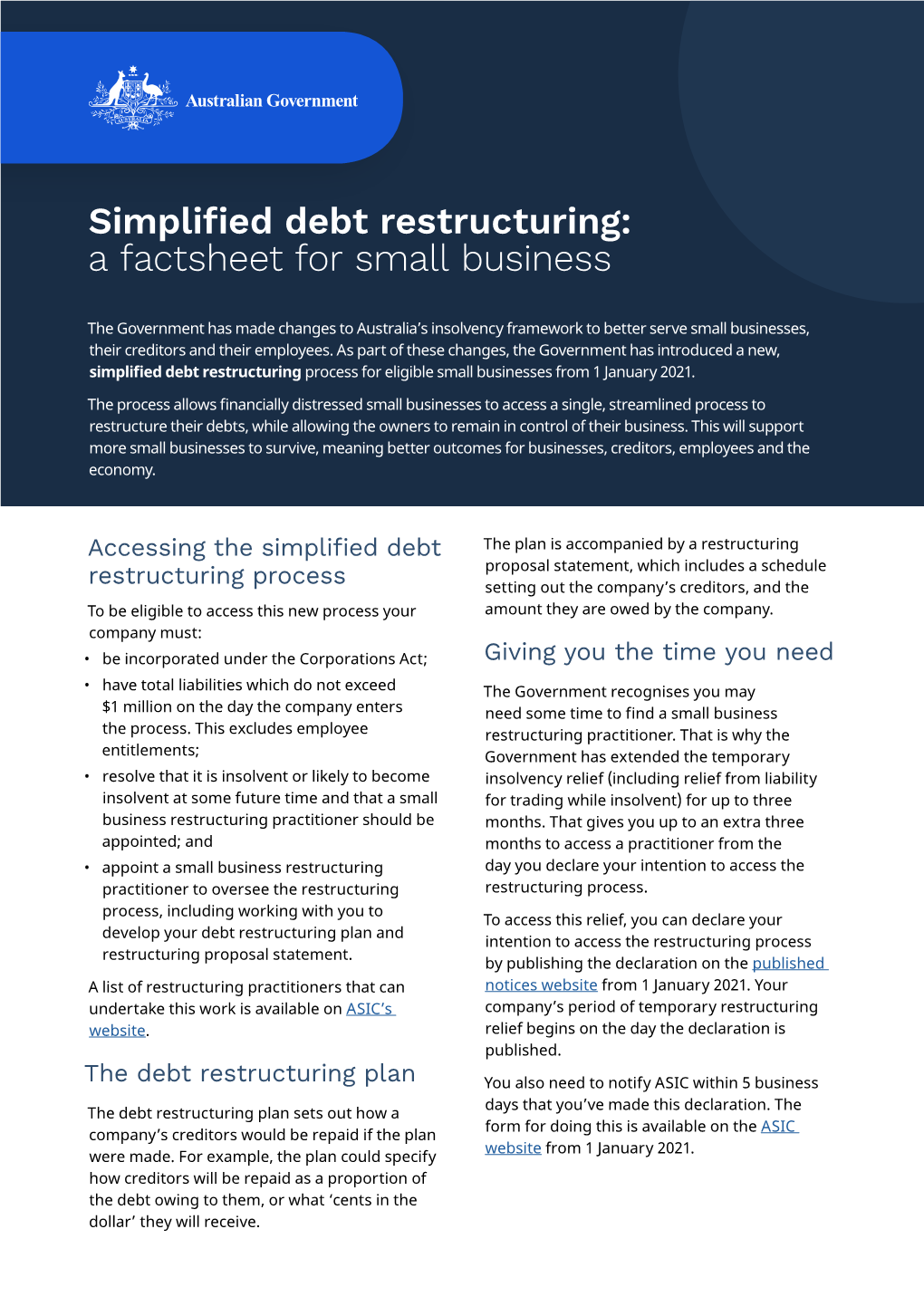 Simplified Debt Restructuring: a Factsheet for Small Business