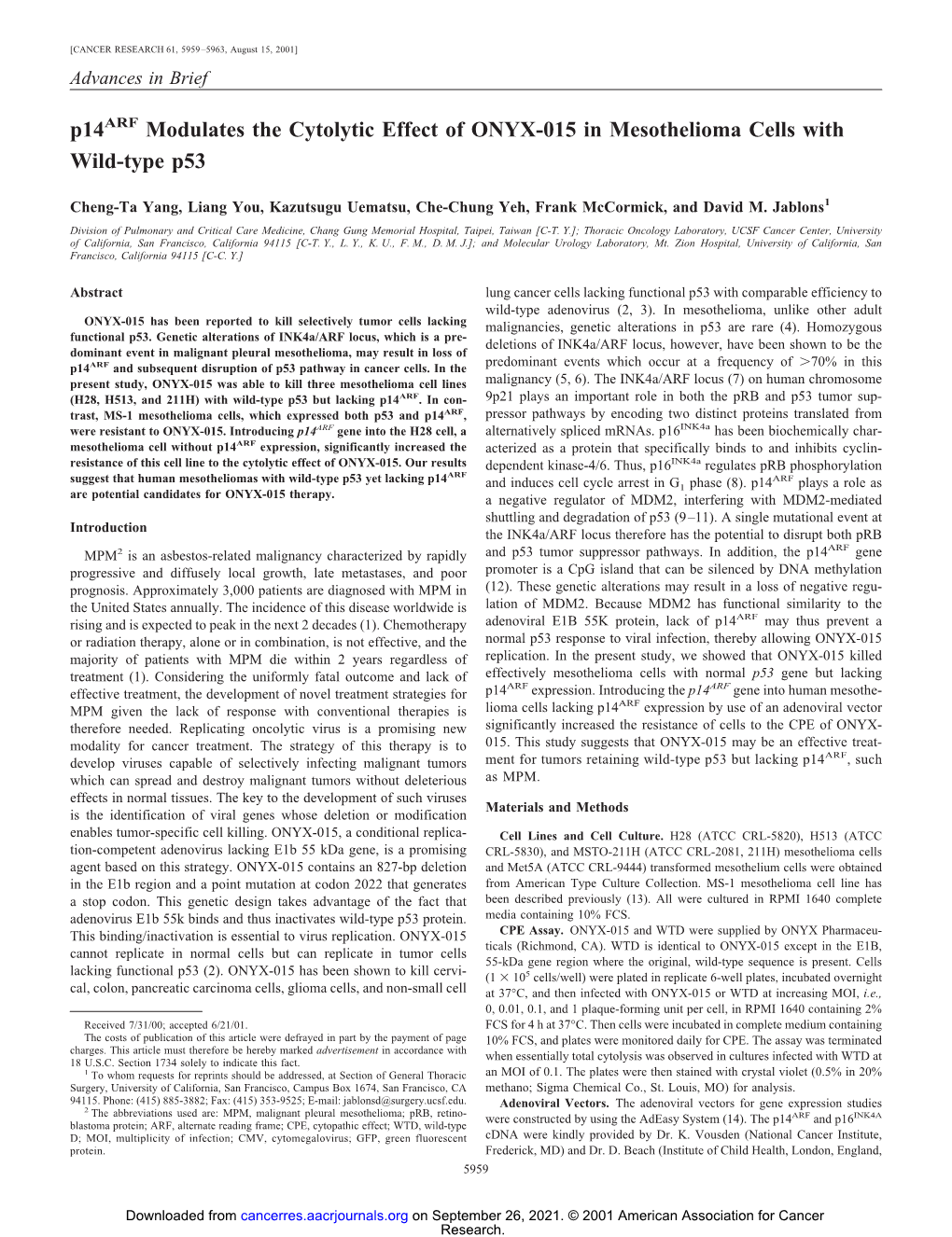 P14arf Modulates the Cytolytic Effect of ONYX-015 in Mesothelioma Cells with Wild-Type P53