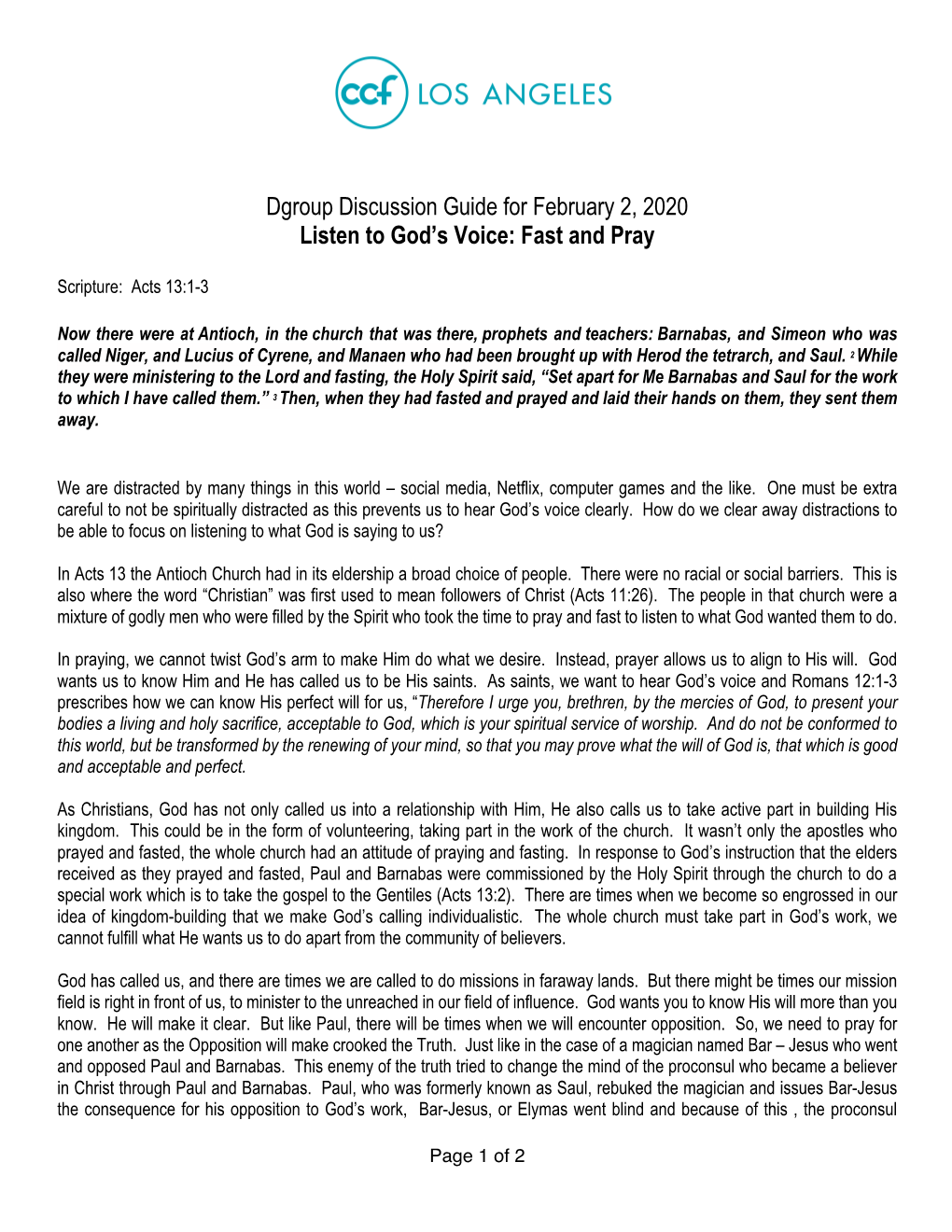 Dgroup Discussion Guide for February 2, 2020 Listen to God's Voice