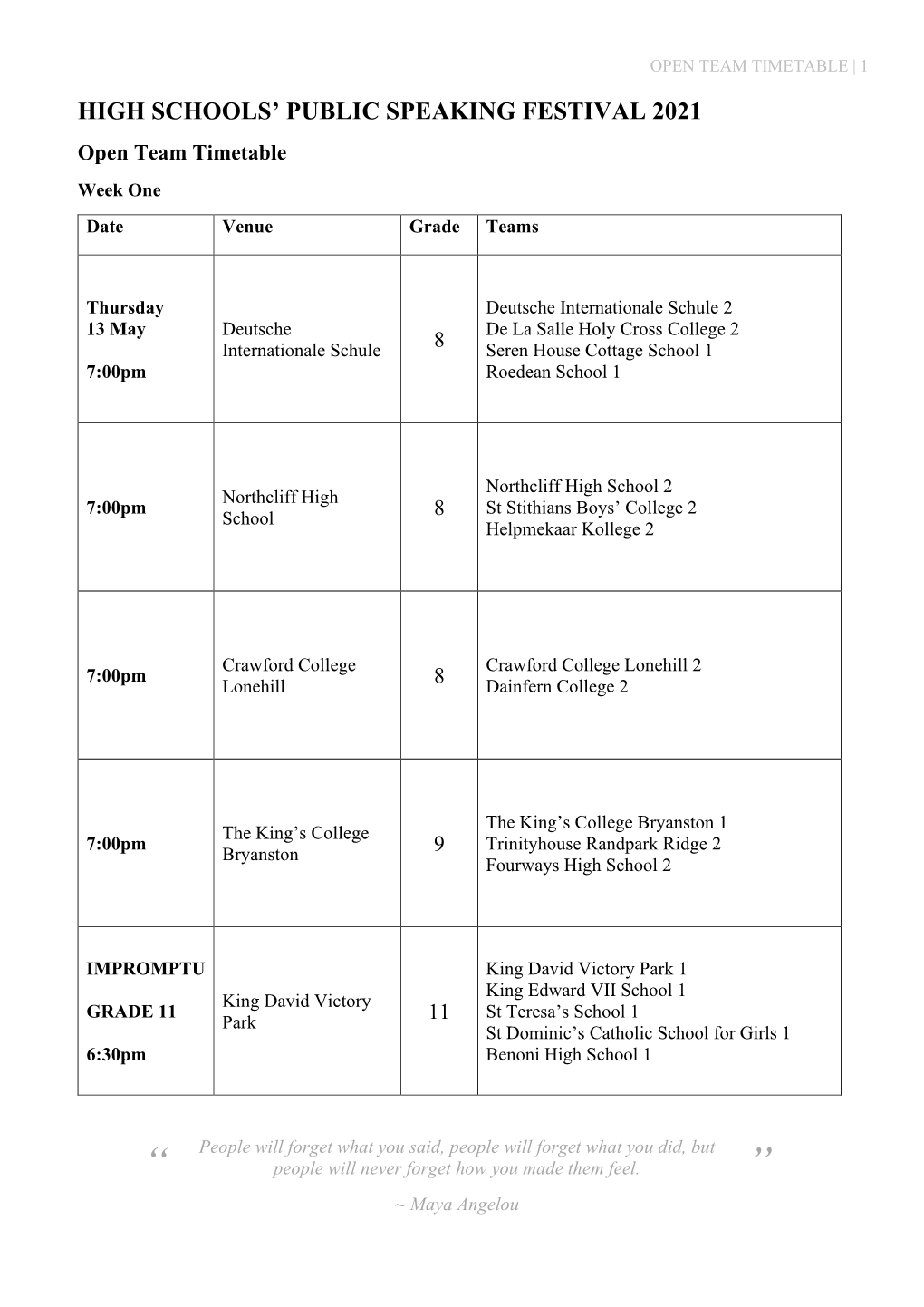 HSPSF 2021 Open Team Timetable