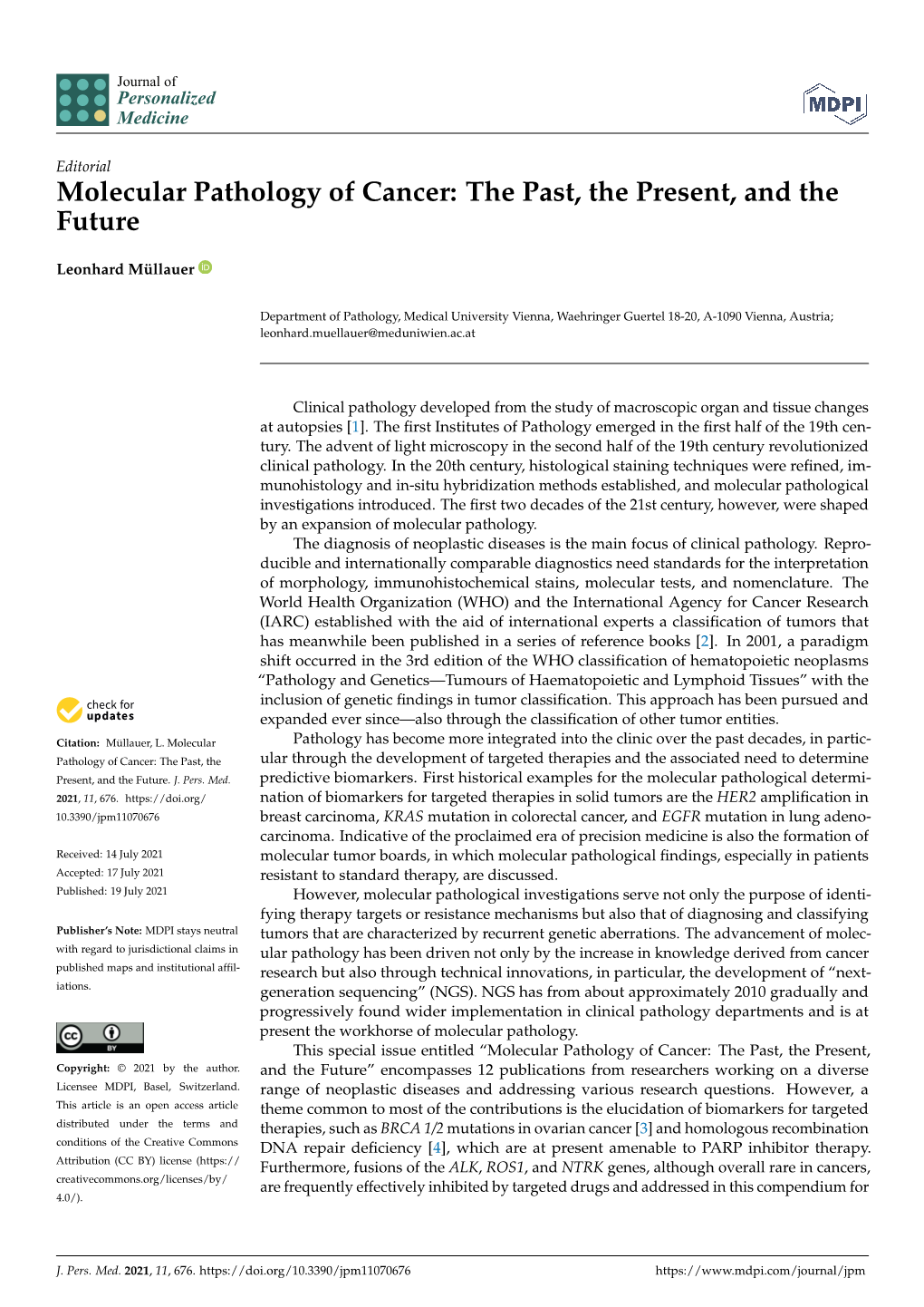 Molecular Pathology of Cancer: the Past, the Present, and the Future