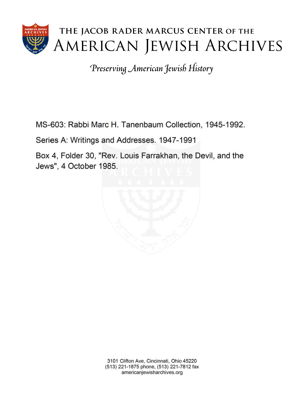 MS-603: Rabbi Marc H. Tanenbaum Collection, 1945-1992