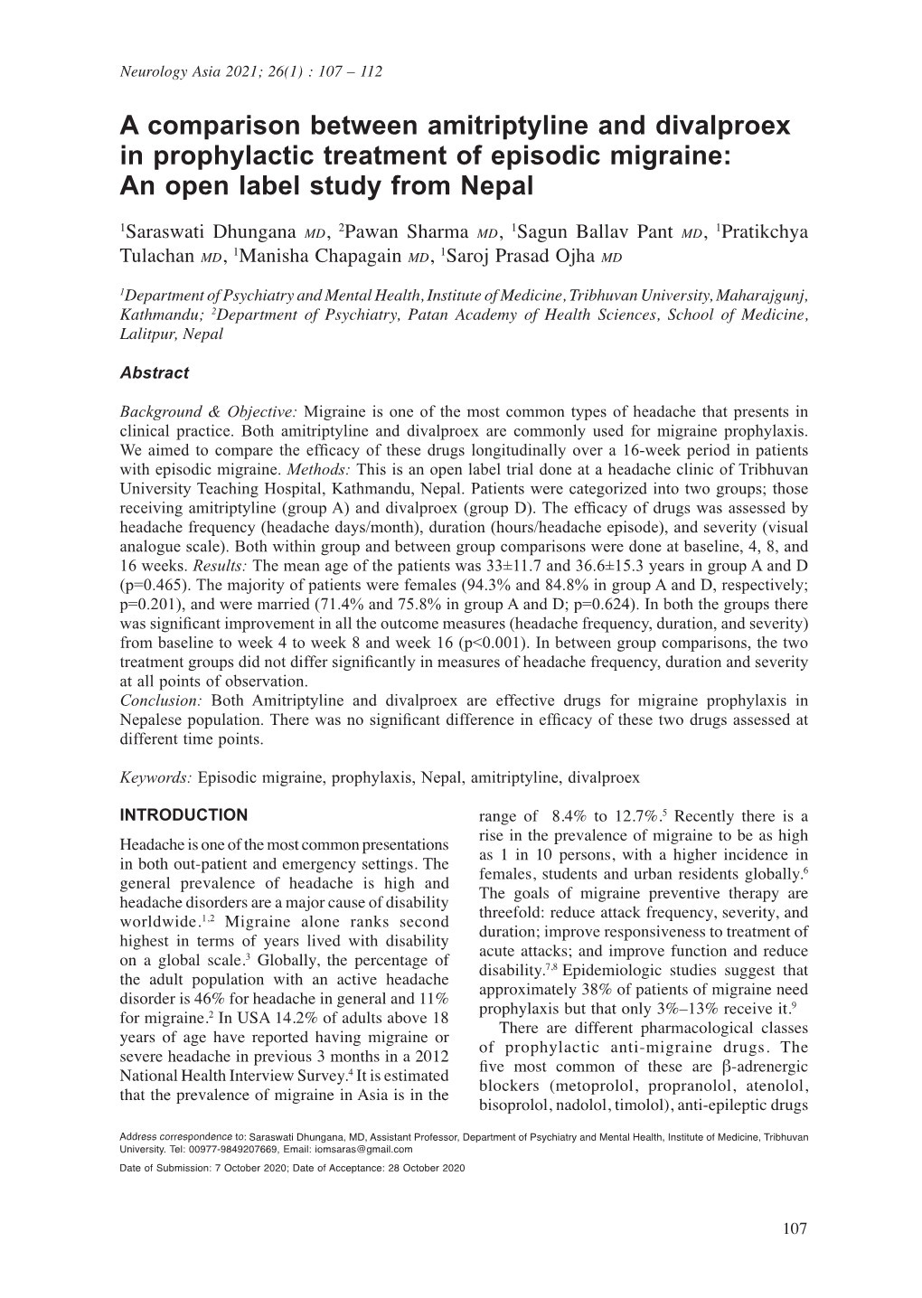 A Comparison Between Amitriptyline and Divalproex in Prophylactic Treatment of Episodic Migraine: an Open Label Study from Nepal