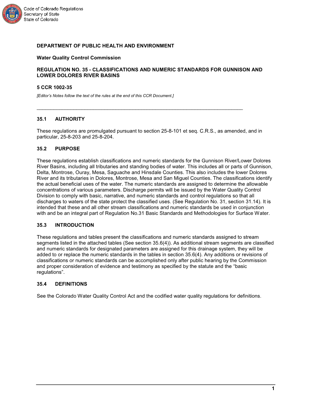 CODE of COLORADO REGULATIONS 5 CCR 1002-35 Water Quality Control Commission