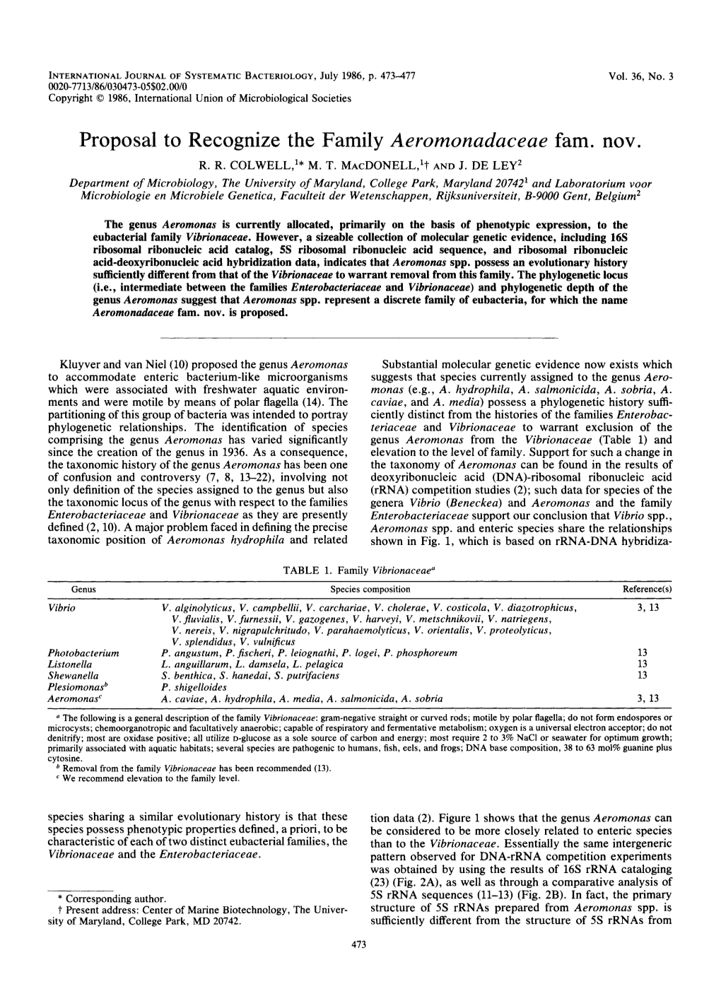 Proposal to Recognize the Family Aeromonadaceae Fam. Nov. R