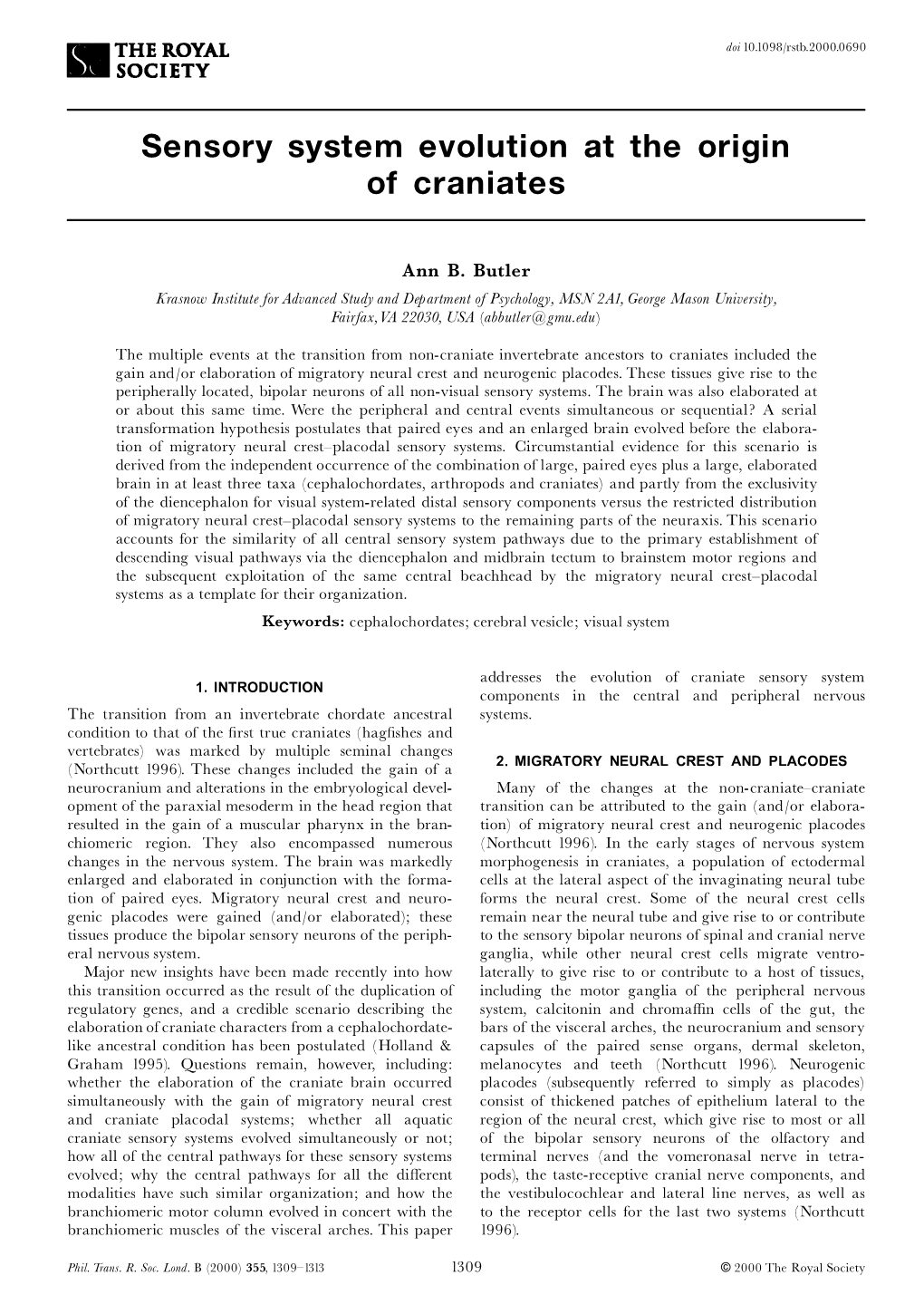 Sensory System Evolution at the Origin of Craniates