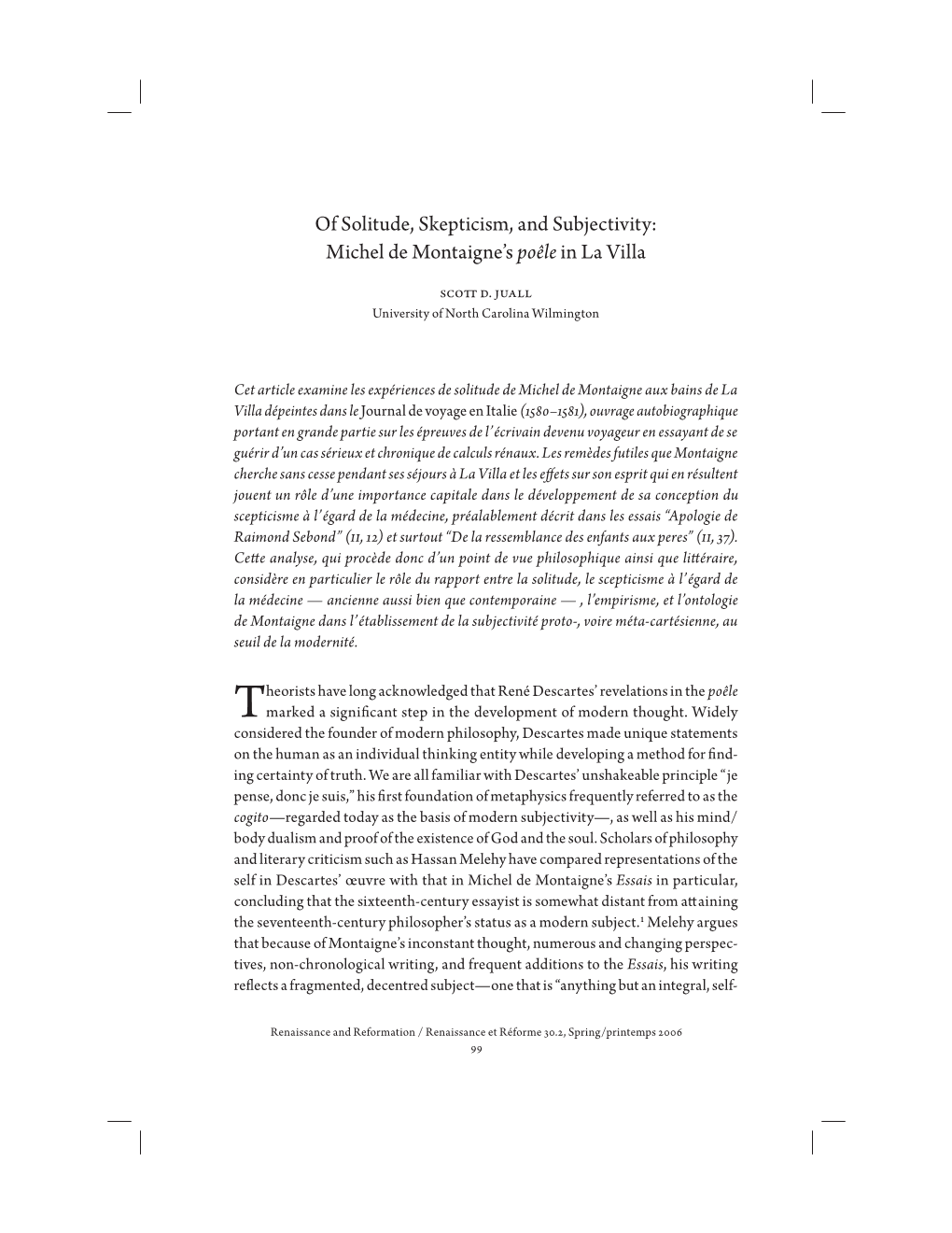 Of Solitude, Skepticism, and Subjectivity: Michel De Montaigne's