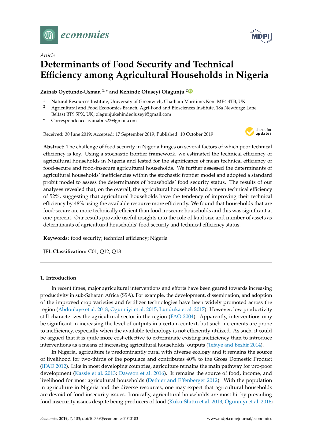 Determinants of Food Security and Technical Efficiency Among