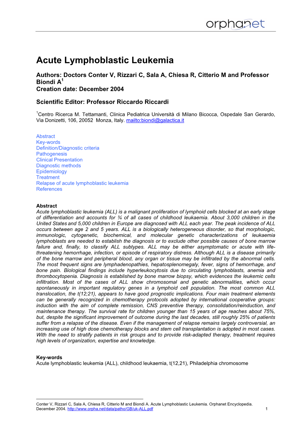 Acute Lymphoblastic Leukemia