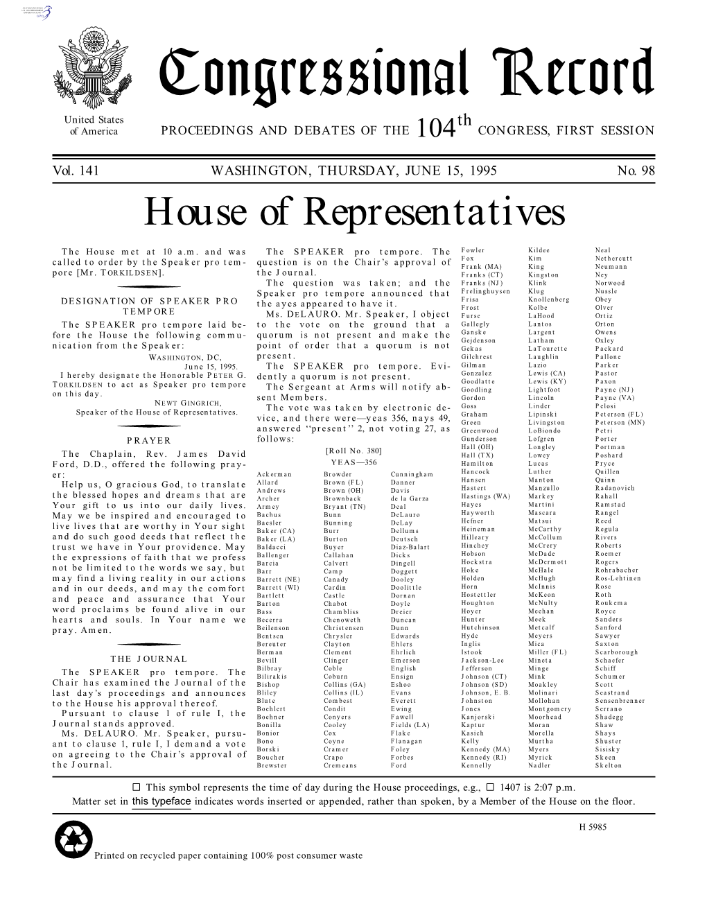 Congressional Record United States Th of America PROCEEDINGS and DEBATES of the 104 CONGRESS, FIRST SESSION