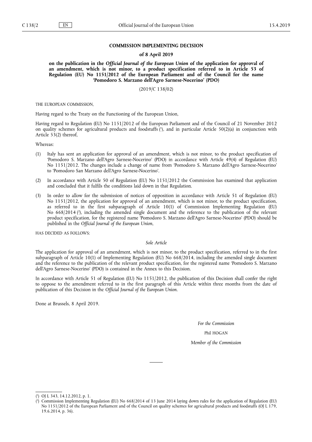 Commission Implementing Decision of 8 April 2019 on the Publication In