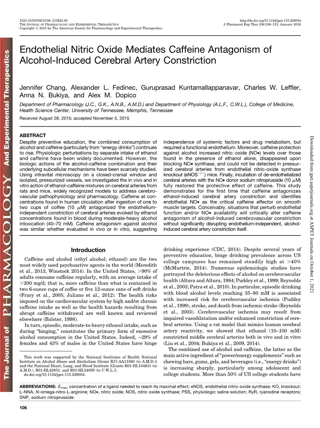 Endothelial Nitric Oxide Mediates Caffeine Antagonism of Alcohol-Induced Cerebral Artery Constriction