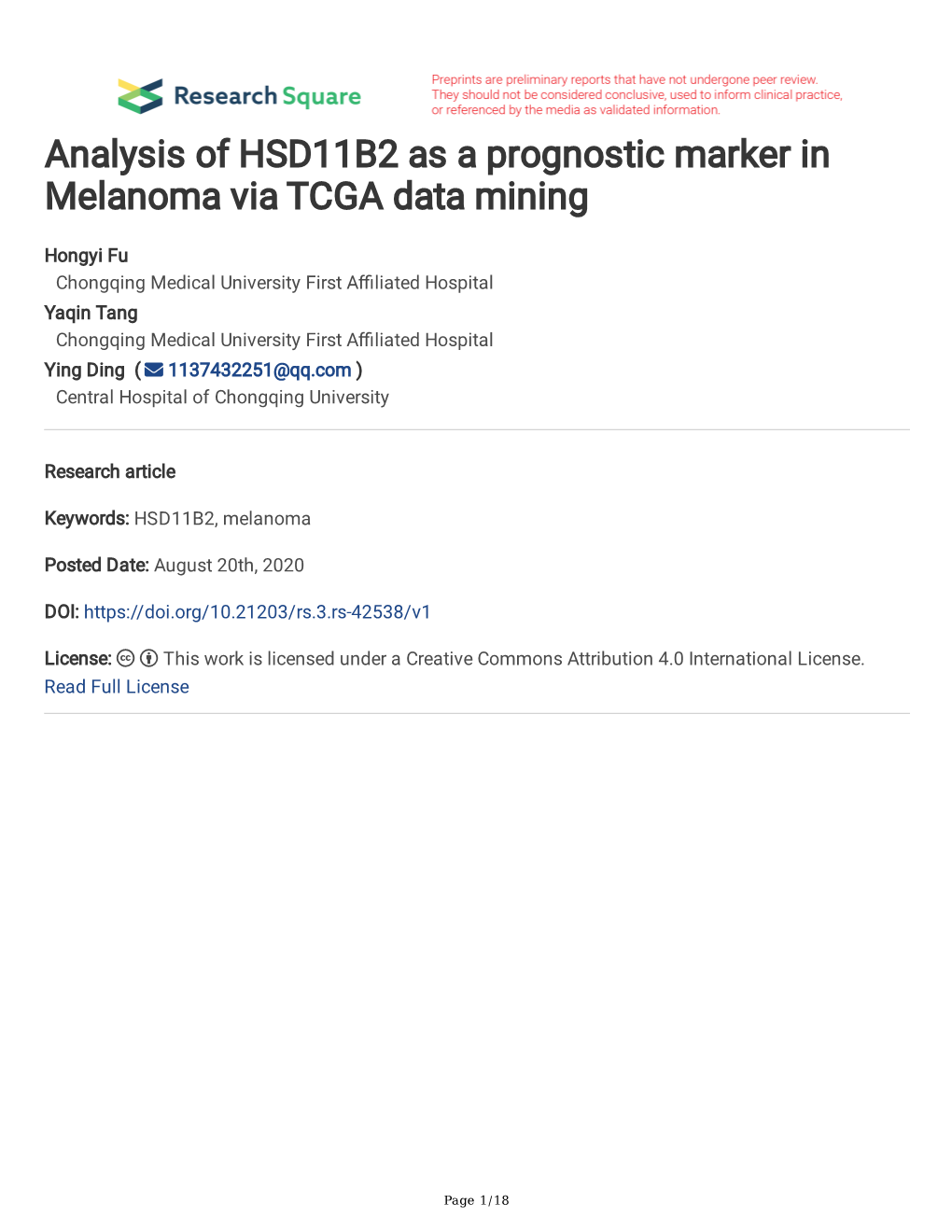 Analysis of HSD11B2 As a Prognostic Marker in Melanoma Via TCGA Data Mining