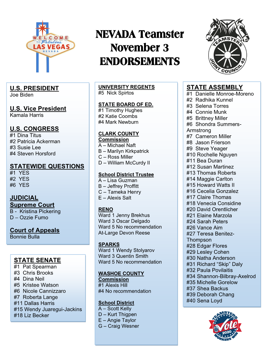 NEVADA Teamster November 3 ENDORSEMENTS