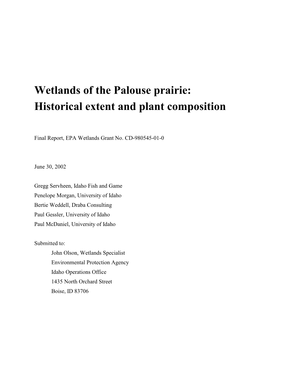 Wetlands of the Palouse Prairie: Historical Extent and Plant Composition