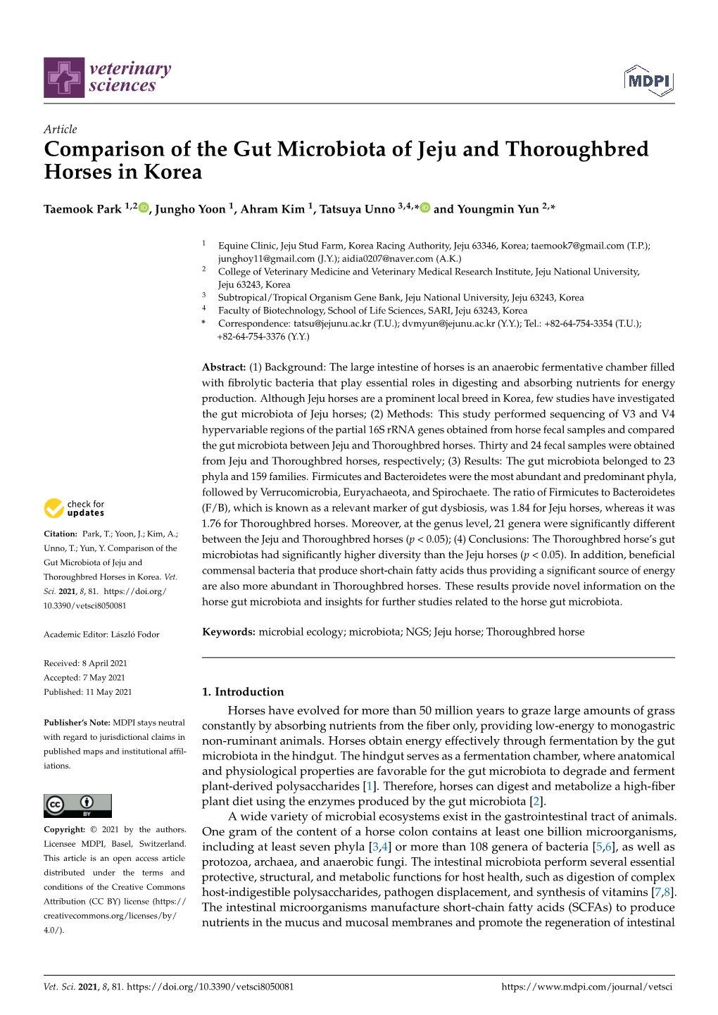 Comparison of the Gut Microbiota of Jeju and Thoroughbred Horses in Korea