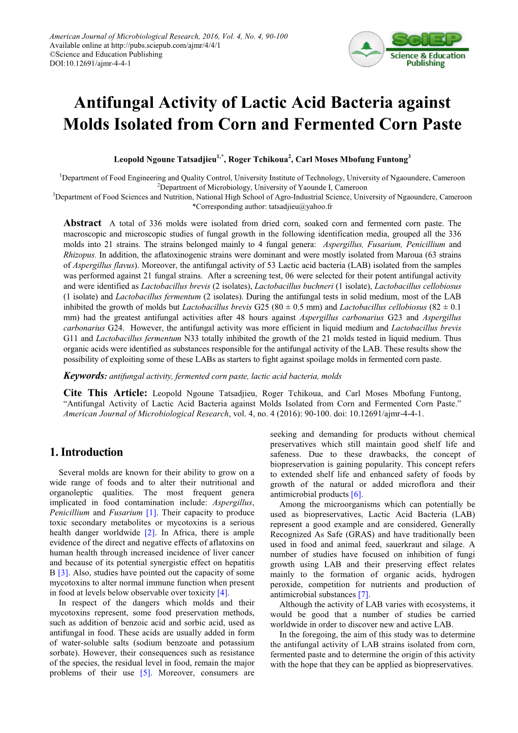 Antifungal Activity of Lactic Acid Bacteria Against Molds Isolated from Corn and Fermented Corn Paste