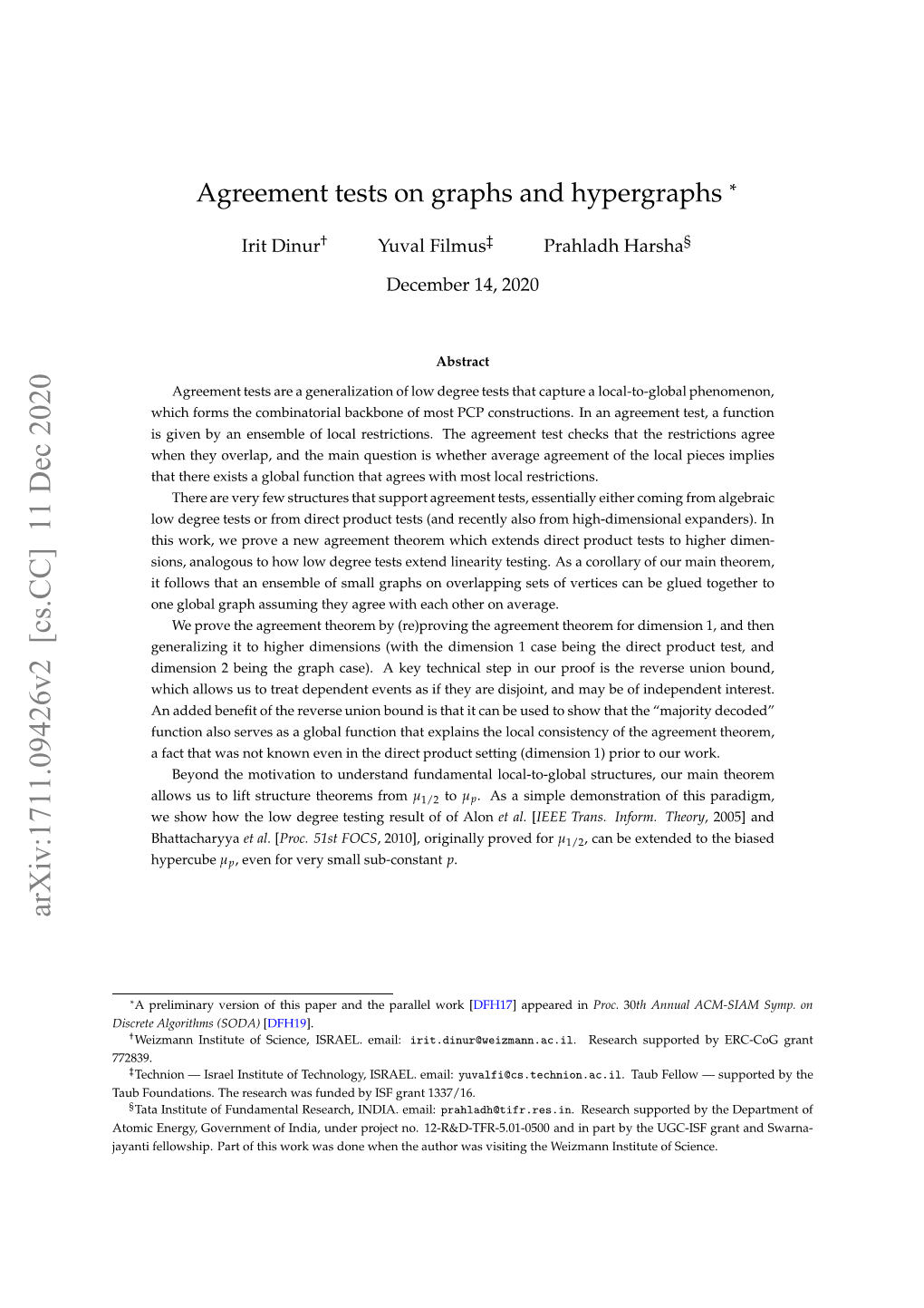 Agreement Tests on Graphs and Hypergraphs