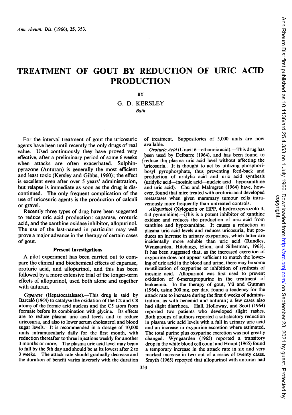 Treatment of Gout by Reduction of Uric Acid Production