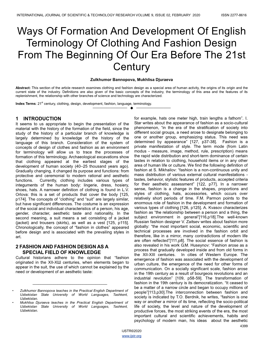 Ways of Formation and Development of English Terminology of Clothing and Fashion Design from the Beginning of Our Era Before the 21St Century