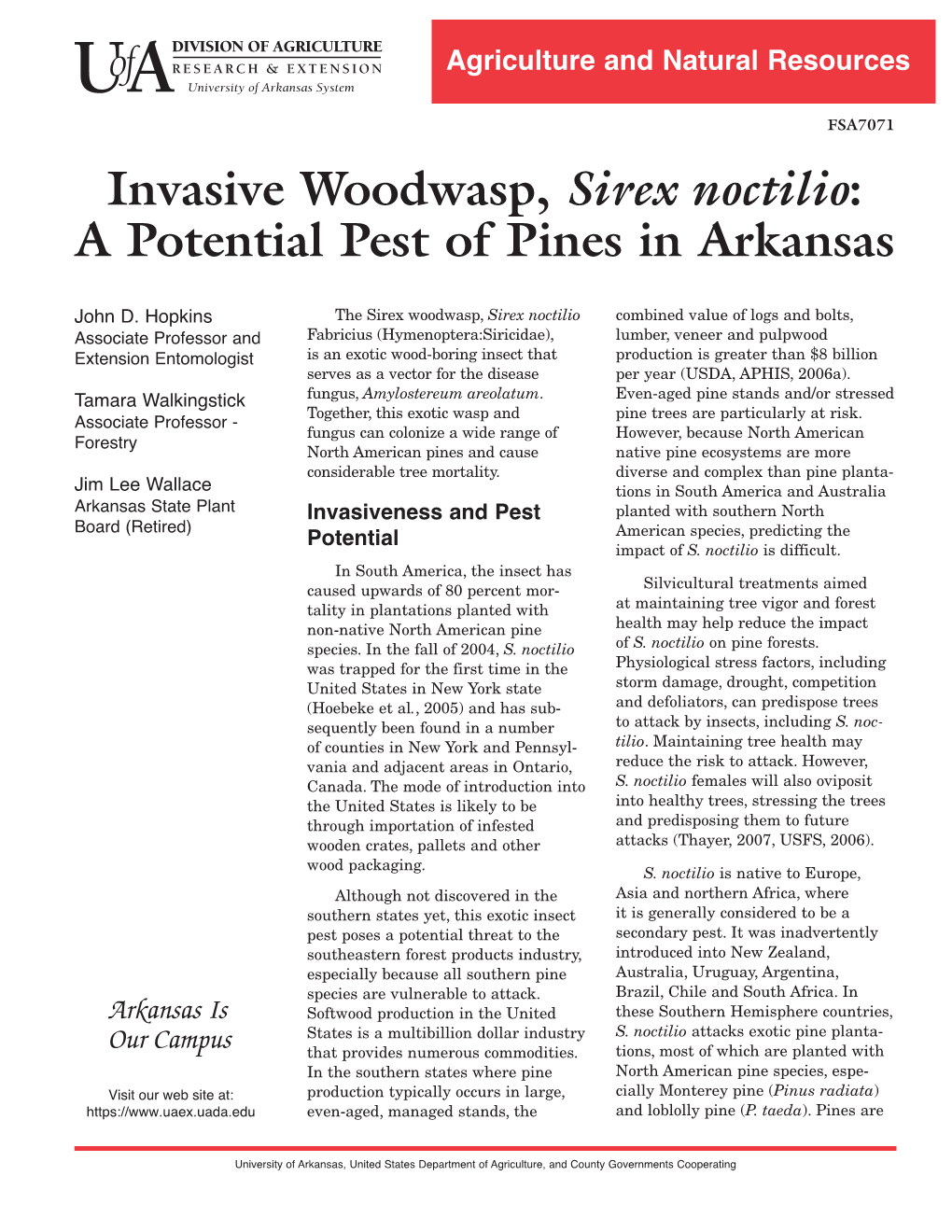 Invasive Woodwasp, Sirex Noctilio: Apotential Pest of Pines in Arkansas