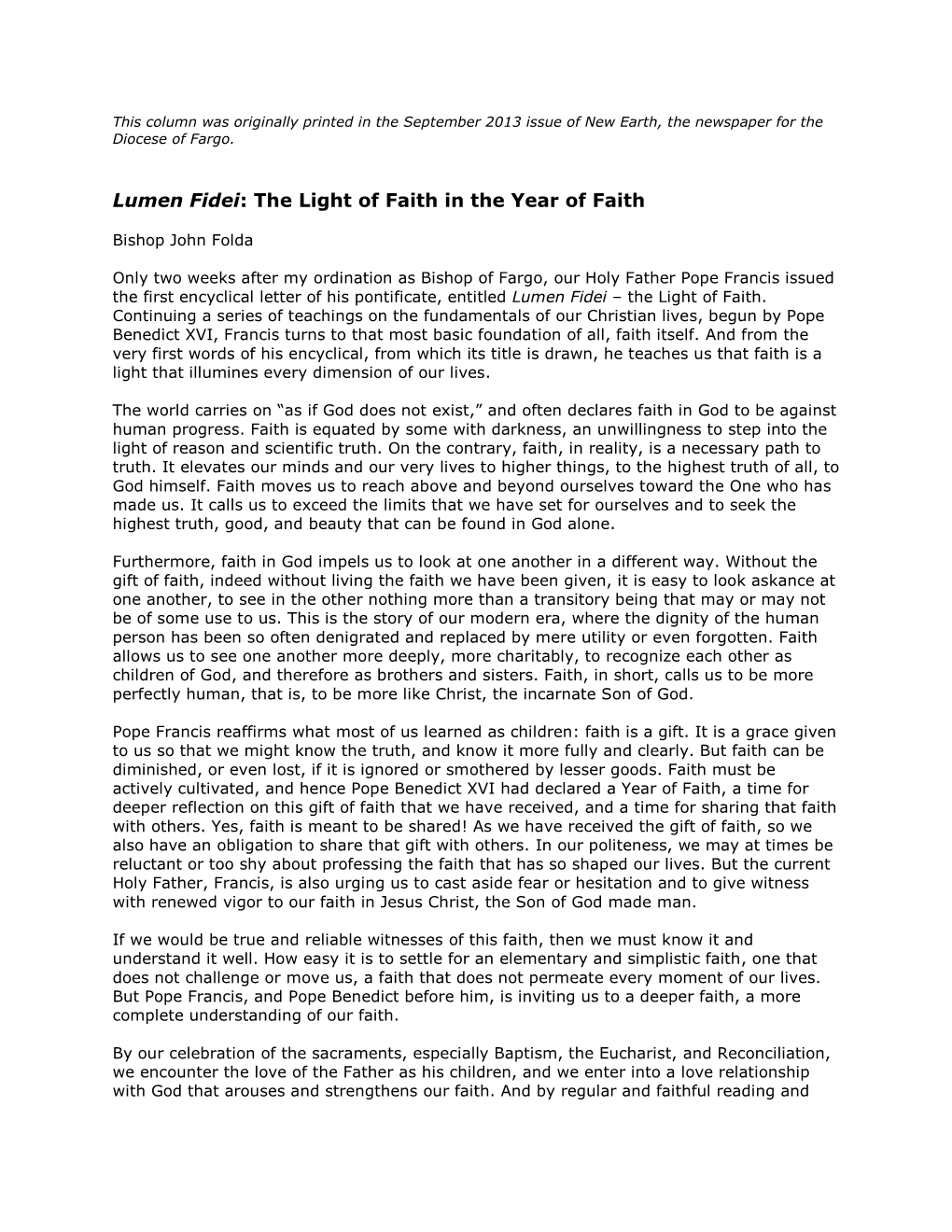 Lumen Fidei: the Light of Faith in the Year of Faith